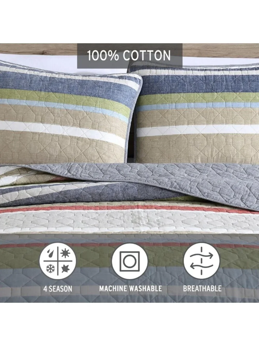 Reversible Cotton Quilt Set with Shams, Lightweight All-Season Bedding, King